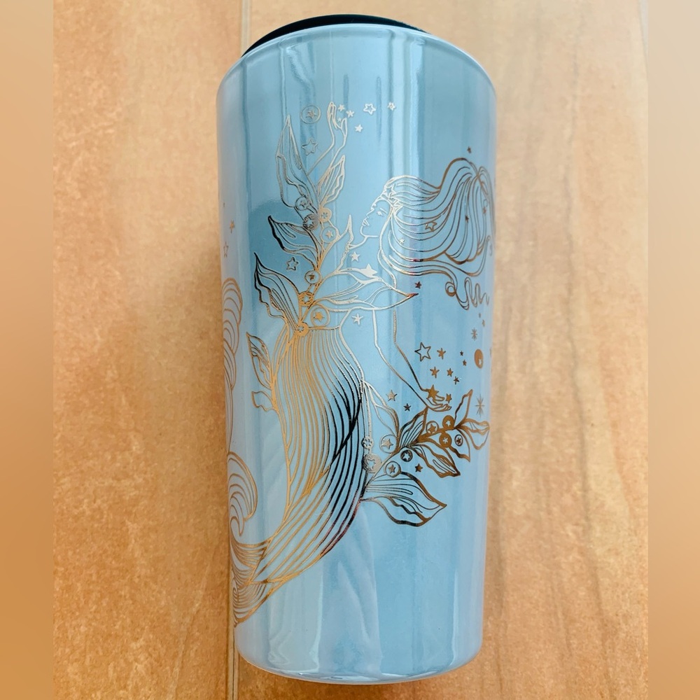 Starbucks Blue Silver Siren Mermaid 12 oz Ceramic Travel Mug Cup 2023